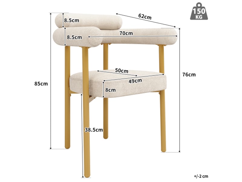 Lot de 2 chaises de salle à manger, chaise beige, sièges en anneau, pieds de chaise de couleur dorée - Conforama D