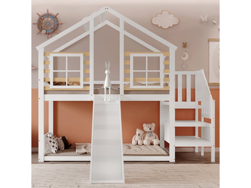  Lit mezzanine cabane 90x200cm avec toboggan et fenêtres | toit maisonnette échelle pin massif fsc espace jeu 91cm - blanc  - Conforama B