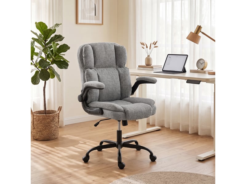  Fauteuil de bureau pivotant avec accoudoirs rabattables, hauteur réglable, inclinable, revêtement en tissu effet lin, gris  - Conforama D