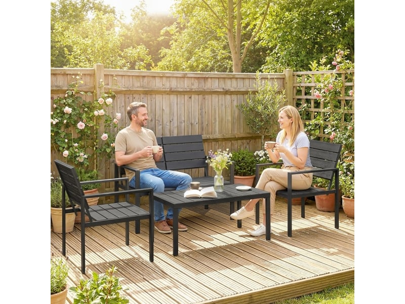 Salon de jardin 4 places 104x71x76,5 cm avec canapé 2 places, 2 fauteuils, table basse, métal noir - Conforama B