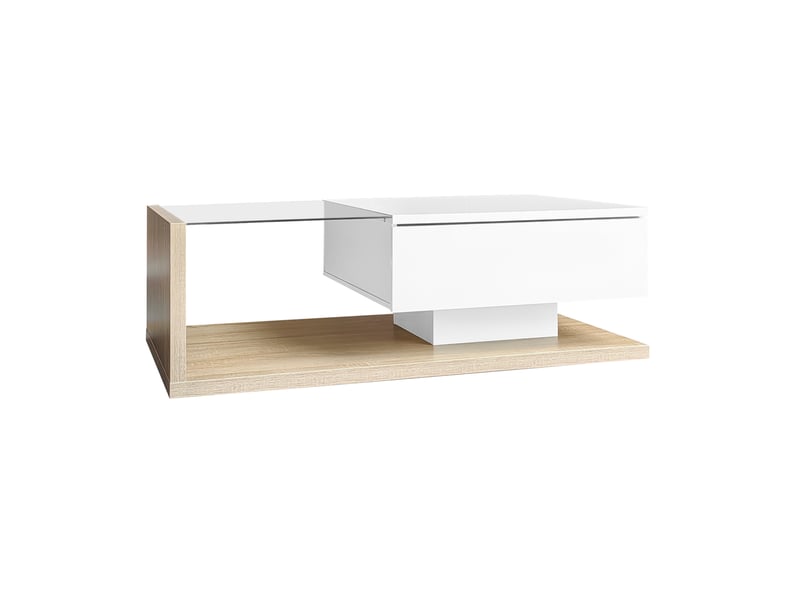  Table basse avec led et plateau en verre, table basse bois et blanc brillant avec rangement 105x55cm  - Conforama W