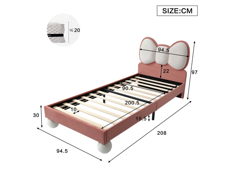  Lit enfant une place beige et rose 90 x 200 cm avec tête de lit nœud et led  - Conforama E