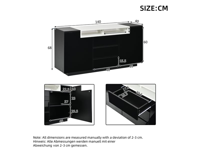Buffet 140 x 40 x 68 cm, 2 portes en l, 3 tiroirs, étagères réglables, éclairage led, finition brillante, noir evarich - Conforama C