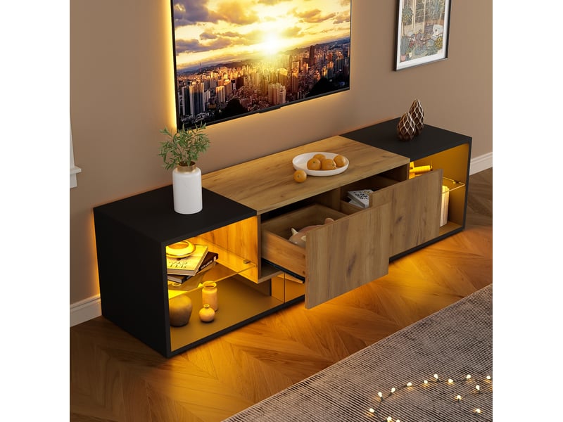 Meuble tv led 160 x 40 x 42 cm avec 2 tiroirs, noir et bois, jusqu'à 70 pouces  - Conforama D
