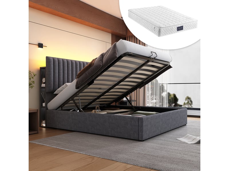 Lit coffre moderne 160x200cm, rangement, tête de lit réglable, led, port usb, type-c, niches, lin gris, matelas inclus - Conforama W