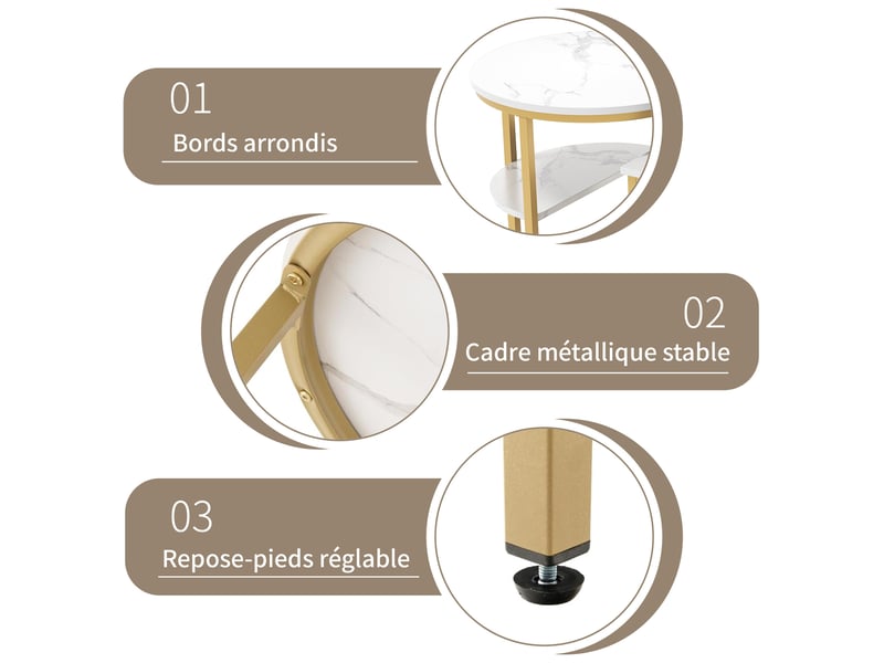  Table basse ronde gigogne 2 niveaux avec rangement, pour salon, plateau effet marbre en mdf, structure en métal doré  - Conforama W