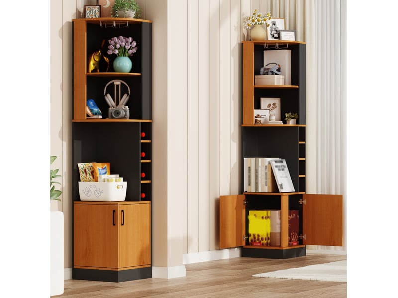  Meuble d'angle avec porte-verres, étagères ouvertes, 4 casiers à vin et placard, pour cuisine, noir, 40 × 40 × 182 cm  - Conforama C