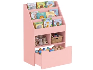 Bibliothèque étagère multi-rangement 3 étagères 2 niches grand tiroir en bois rose