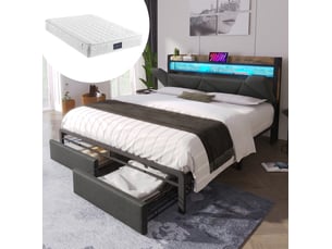 Lit 160x200 avec tête de lit rangement, led, usb-c et tiroirs cravdom