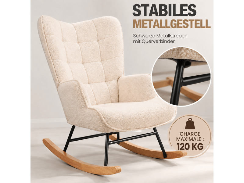  Fauteuil à bascule teddy, fauteuil berçant allaitement haut dossier avec accoudoirs, chaise berçante confortable pour lecture, salon, chambre bébé, adulte  - Conforama R