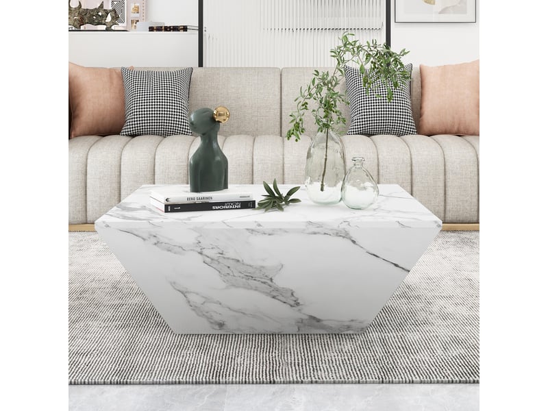  Table basse effet marbre blanc table de salon trapézoïdale 70x70x37cm avec 2 tiroirs design moderne  - Conforama R