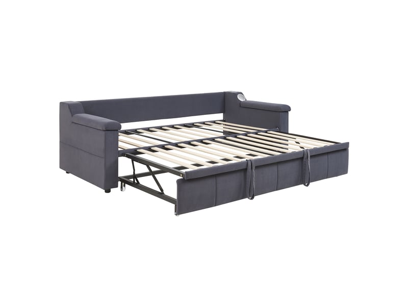  Canapé-lit 90x190 cm avec chaîne stéréo bluetooth intelligente et usb, lit gigogne avec sommier à lattes, velours, gris  - Conforama B