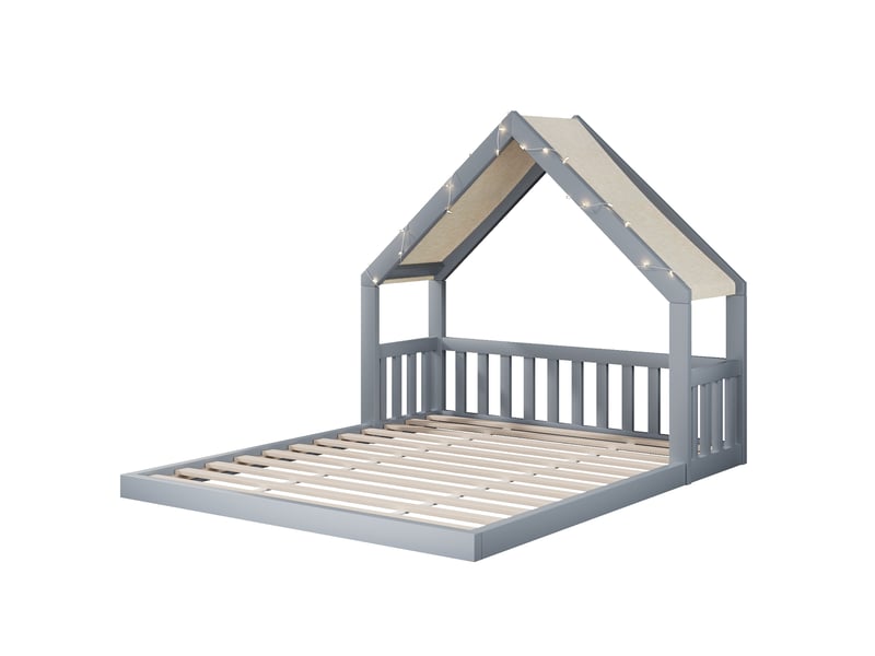  Lit cabane enfant 140x200 cm gris bois, toit tissu, guirlande lumineuse, sommier à lattes inclus  - Conforama D
