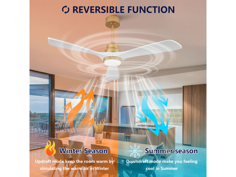  Ventilateur de plafond avec lumière et télécommande silencieux réversible - en métal et bois blanc et or  - Conforama C