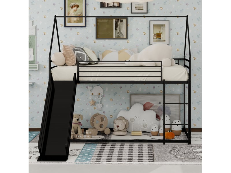  Lit superposé enfants 90x190cm maison avec toboggan garde-corps solide métal 1 sommier noir sans matelas  - Conforama D