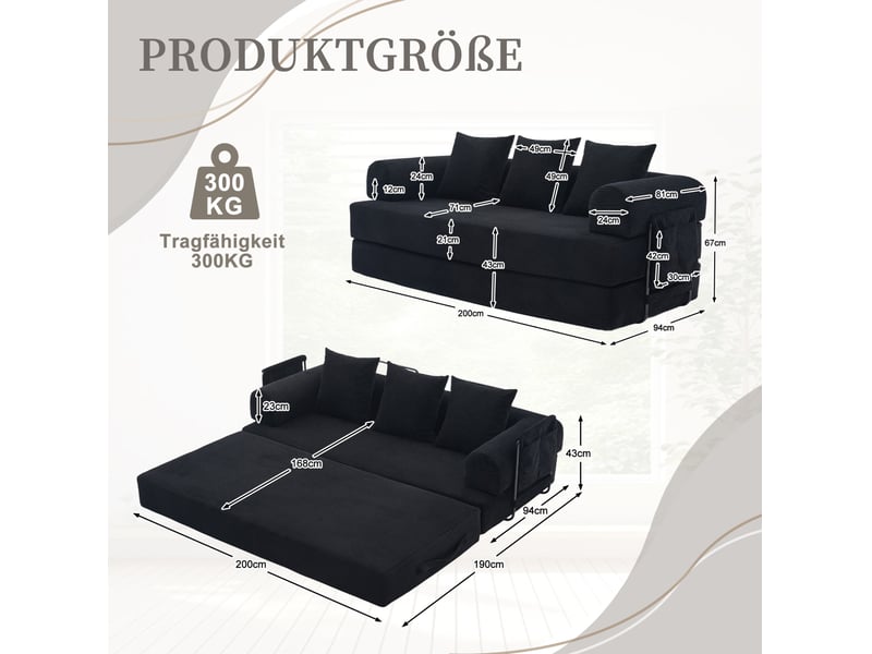 Canapé modulaire 3 places 200x94x67 cm – noir – velours côtelé, 3 coussins et poche latérale pratique  - Conforama C