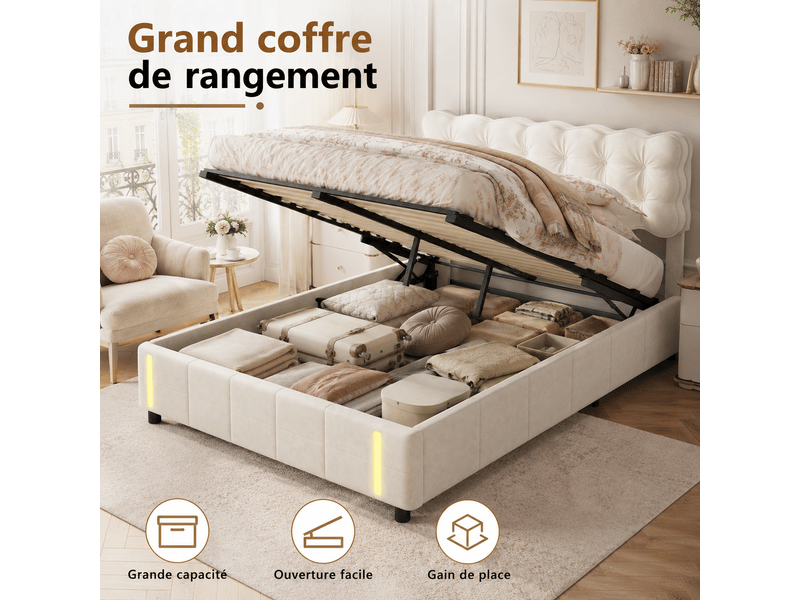 Lit 2 personne 140x190 cm avec éclairage led - lit coffre double avec rangement hydraulique - lit adulte capitonne avec sommier - tête de lit rembourré en velours, 2 places, beige - fonctionnel - sans matelas - chambre adultead… - Conforama C