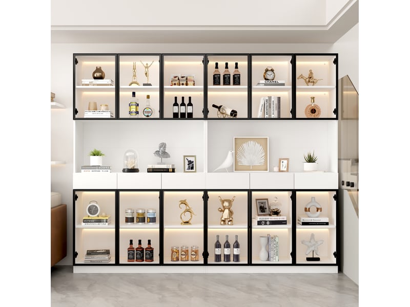  Vitrine haute led 36x240x200 cm blanche avec portes en verre et cadre noir  - Conforama D