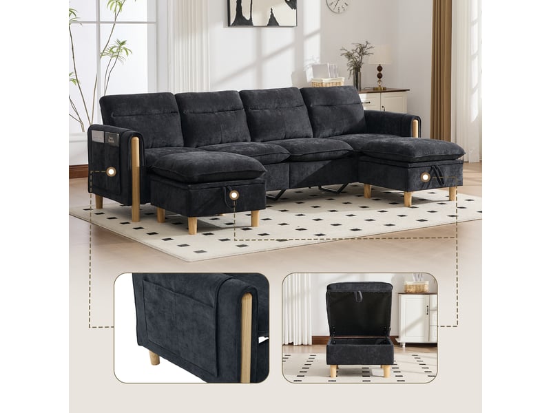  Canapé en u 4 places en chenille noire avec 2 poufs et rangement intégré sous assise  - Conforama B