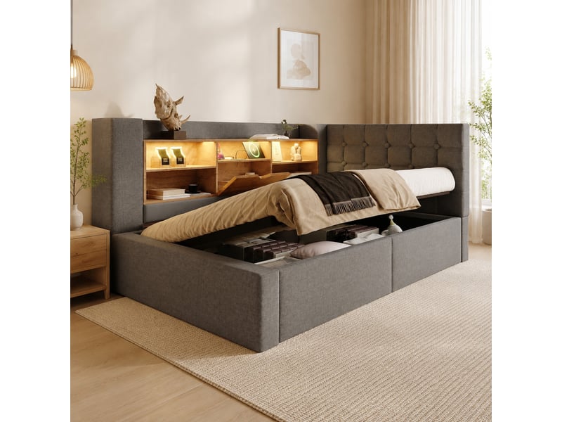  Lit coffre 90x200 cm éclairage led et ports usb, en lin gris  - Conforama B