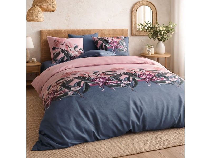  Parure housse de couette 240x220cm + 2 taies motif floral bleu et rose 100% coton - blum BLUM - Conforama B