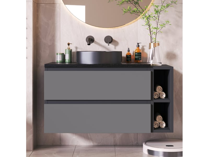  Meuble rangement salle de bain avec vasque et tiroirs mdf noir gris design moderne homvra  - Conforama D