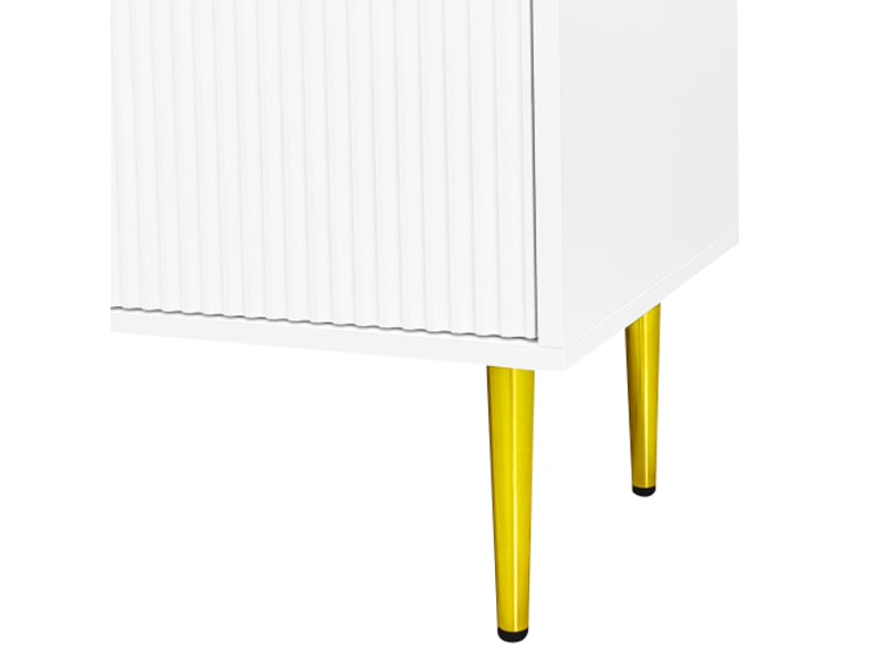 Meuble tv blanc 170x35x50 cm, pieds et poignées dorés, 4 portes (2 rainurées, 2 en verre incurvé), 35 kg - Conforama E