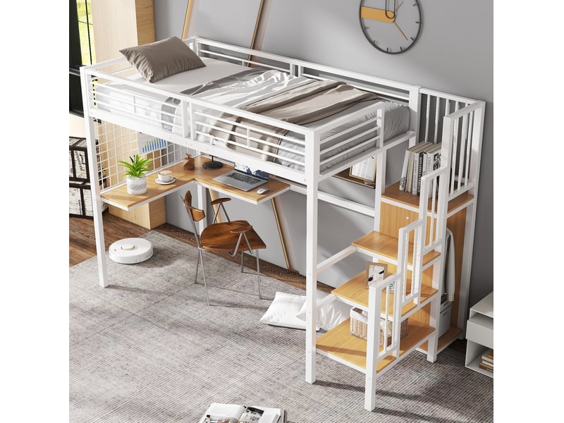  Lit mezzanine enfant 90x200 cm avec bureau et armoire, métal, blanc et naturel  - Conforama D