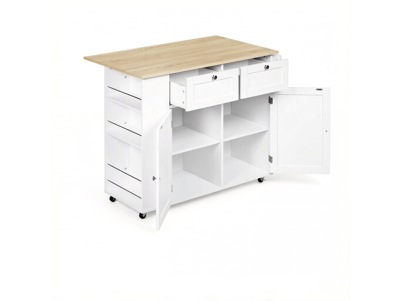 Îlot de cuisine moderne avec plateau rabattable, meuble de rangement, chariot cuisine, blanc - Conforama A