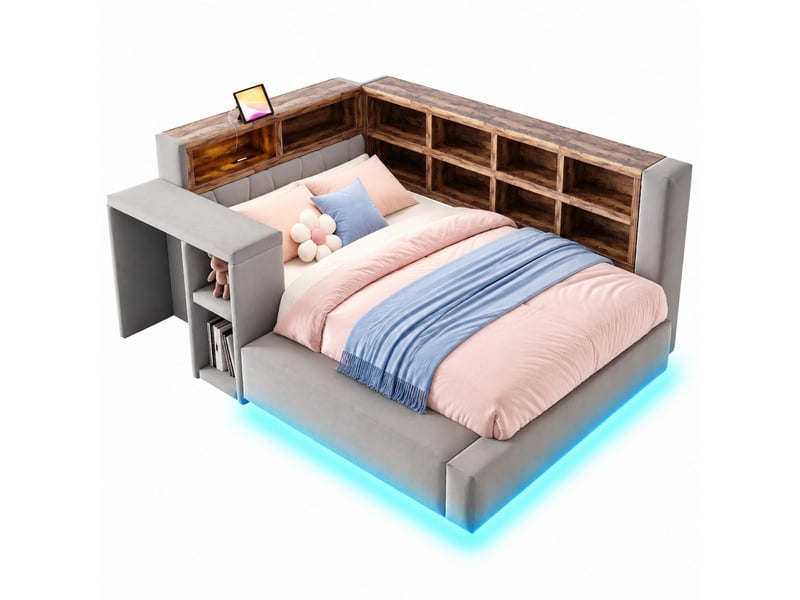  Lit rembourré modenvie 90 x 200 cm avec rangements ouverts, led, prises intégrées dans la tête de lit, tablette latérale, velours gris foncé  - Conforama A