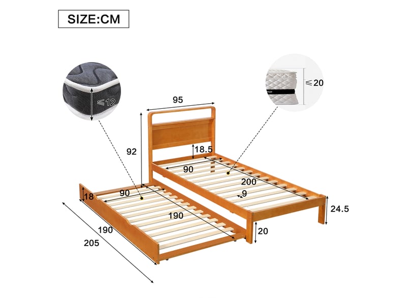  Lit gigogne 90x200 cm, couchage d'appoint gauchedroite, tête arrondie, en bois, naturel, sans matelas  - Conforama C