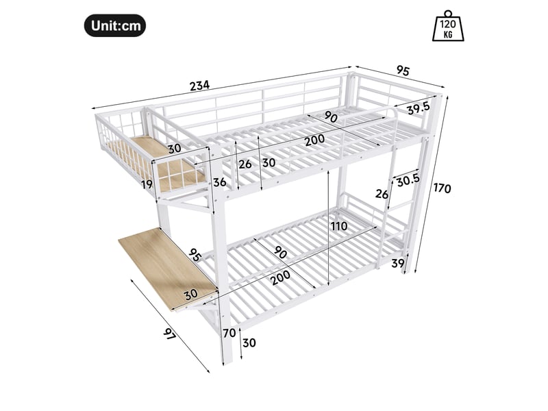 Lit superposé - 90x200 cm - bureau intégré - échelle - barrières de sécurité - rangements intégrés - structure métal - blanc CozyNest - Conforama E