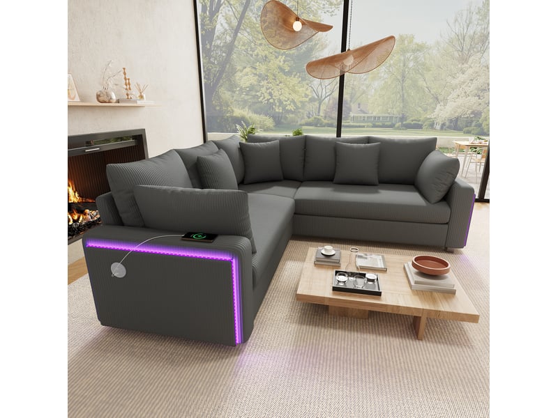  Canapé d’angle 5 places 198x198x83 cm led et ports usbusb-c bois gris  - Conforama B