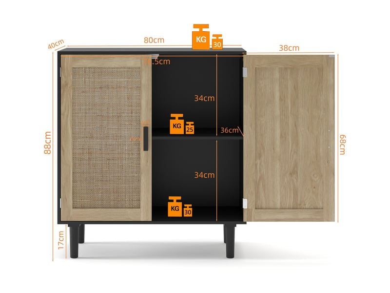  Armoire de rangement 80x40x88 cm, buffet avec 2 portes, style rotin, poignées bois, meuble rangement salon, mdf noir  - Conforama C