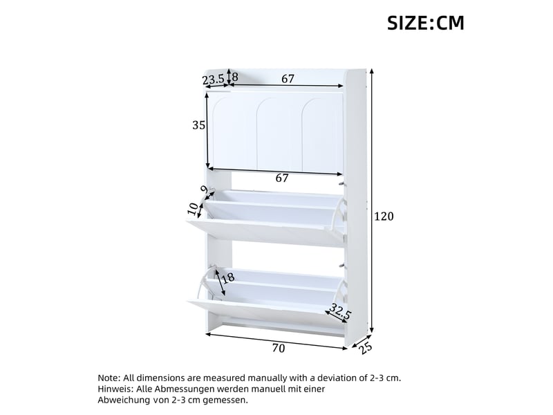  Meuble à chaussures 70x25x120 cm, 3 compartiments cachés, rangement compact pour couloir et bureau  - Conforama C