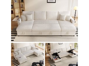 Canapé panoramique convertible 6 places en u 271x131x83 cm canapé-lit modulable 2 méridiennes avec rangement ports usb et type-c velours côtelé beige