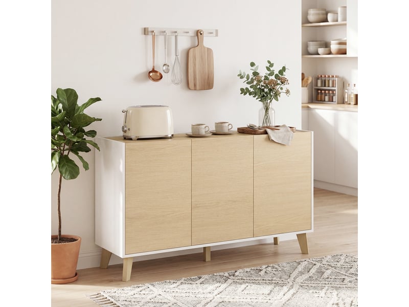  Buffet de 120 cm de large avec mécanisme de fermeture amortie et portes aspect bois et blanc.  - Conforama D