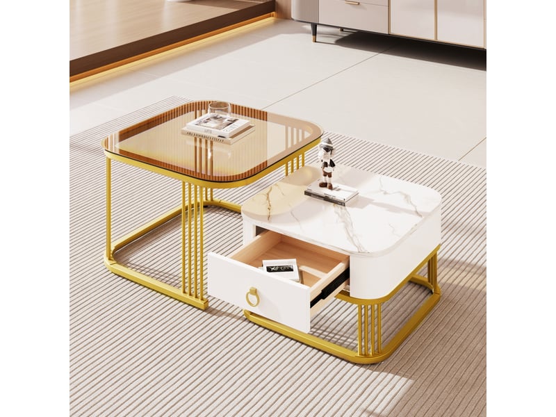  Lot de 2 tables basses gigognes avec tiroir, verre brun et effet marbre blanc  - Conforama C