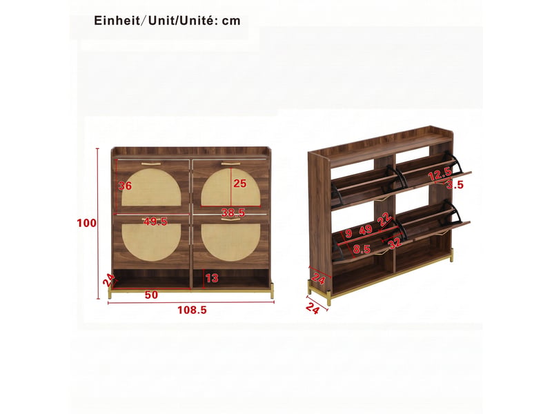  Meuble à chaussures 108,5x24x100 cm, 4 abattants, effet rotin, niches ouvertes, grand rangement pour entrée et couloir - noyer  - Conforama C