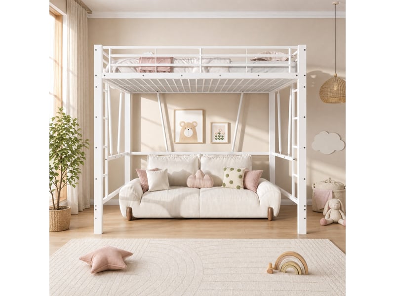  Lit mezzanine 140 × 200 cm 2 places avec double échelle et barrières, sans matelas, en métal, blanc  - Conforama B
