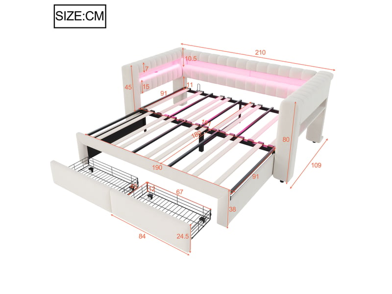  Lit gigogne capitonné 90x190 extensible 180x190 avec rangement evryae  - Conforama E