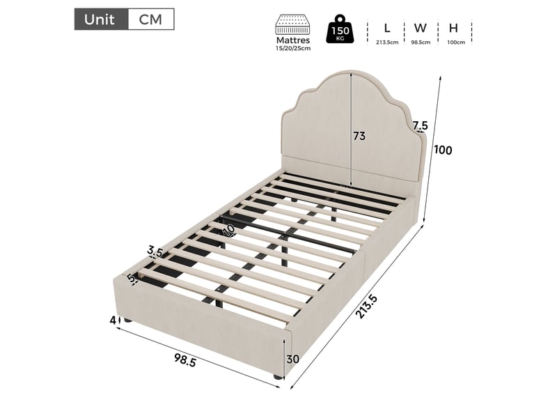  Lit enfant simple 90×200 cm avec tête de lit capitonnée, led  - sans matelas, lin beige  - Conforama D
