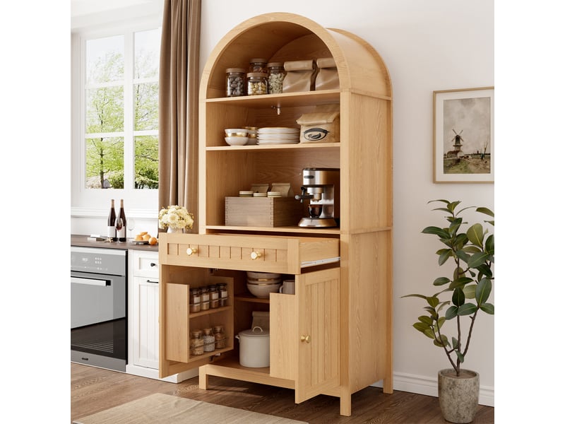  Armoire haute avec étagères et rangement à épices - lpospi - double porte amortie, mdf naturel 76 × 40 × 180 cm  - Conforama B
