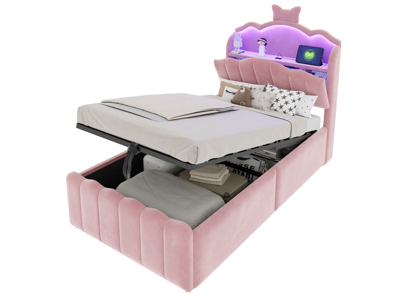  Lit coffre 90x200 cm - lit avec rangement hydraulique, tête de lit avec led, usb et usb-c - velours - rose  - Conforama A