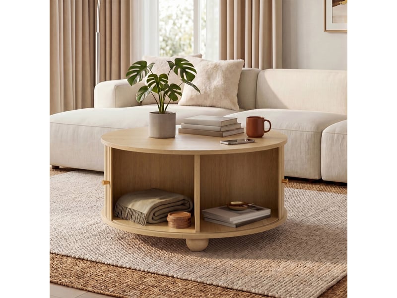  Table basse ronde 72x72x38 cm - table de salon rétro avec 2 portes coulissantes cannelées et 4 compartiments de rangement – mdf - naturel  - Conforama D