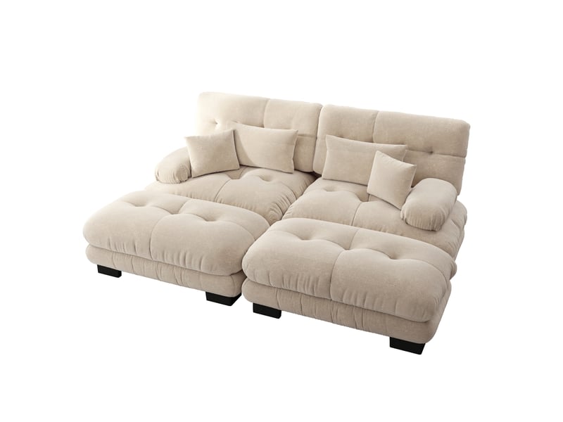  Canapé d'angle cloud en chenille beige clair, sofa salon avec 2 coussins lombaires, 2 coussins déco, 2 ottomans, larges accoudoirs  - Conforama A