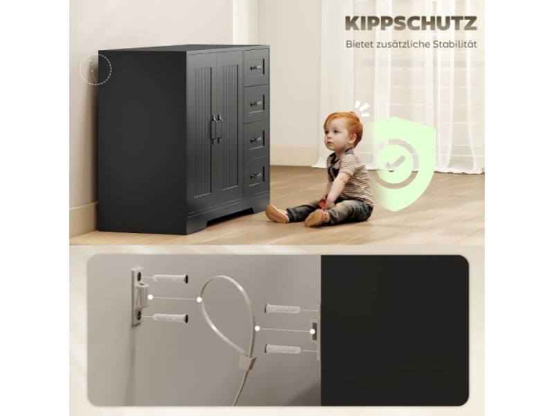  Buffet noir contemporain – 4 tiroirs et 1 porte, meuble salon 105×40×76 cm – à retirer sur place  - Conforama E