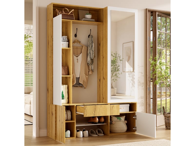  Vestiaire d'entrée avec miroir et penderie mdf blancnaturel 127x35x180.5cm  - Conforama E