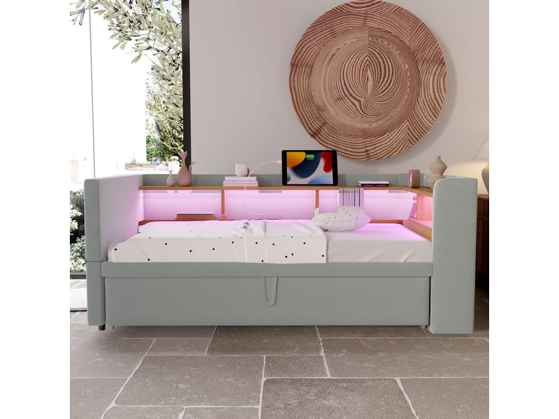  Lit banquette rembourré extensible 90x190 à 180x190 cm avec rangements, led multicolore, prises électriques, sommier à 24 lattes, flanelle gris clair Radiant Stride - Conforama D