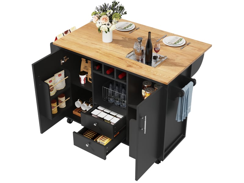  Îlot de cuisine noir et blanc avec plateau pliant, rangement pour vin et épices, 137x73x92 cm  - Conforama D